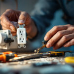 A photograph of a lighting contractor working on a residential or commercial lighting installation