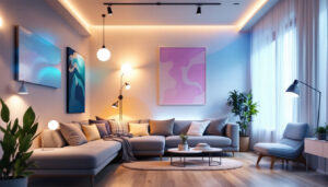 A photograph of a well-lit modern living space featuring various led light fixtures