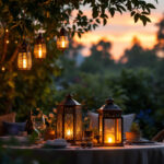 A photograph of a beautifully arranged outdoor setting featuring a variety of hanging lanterns
