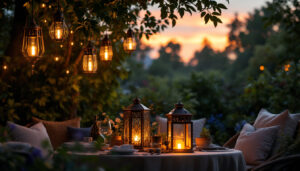 A photograph of a beautifully arranged outdoor setting featuring a variety of hanging lanterns