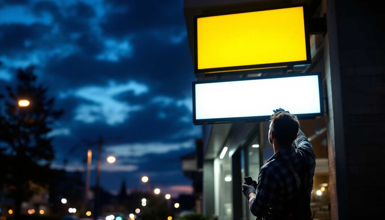 A photograph of capture a photograph of a well-lit exterior business sign at dusk