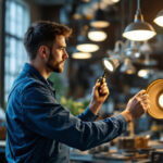 A photograph of a lighting contractor skillfully installing or inspecting a variety of used lighting fixtures in a well-lit workspace