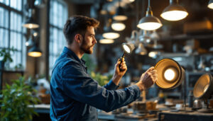 A photograph of a lighting contractor skillfully installing or inspecting a variety of used lighting fixtures in a well-lit workspace