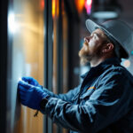 A photograph of a lighting contractor installing or inspecting led emergency lighting in a commercial or residential setting