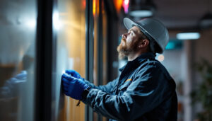 A photograph of a lighting contractor installing or inspecting led emergency lighting in a commercial or residential setting