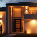 A photograph of a beautifully illuminated exterior wall of a house at dusk