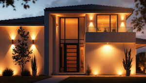 A photograph of a beautifully illuminated exterior wall of a house at dusk