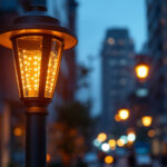 A photograph of a beautifully designed steel light post in an urban setting
