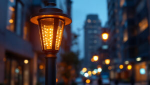 A photograph of a beautifully designed steel light post in an urban setting