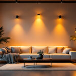A photograph of a modern living space illuminated by warm