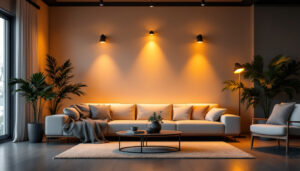 A photograph of a modern living space illuminated by warm
