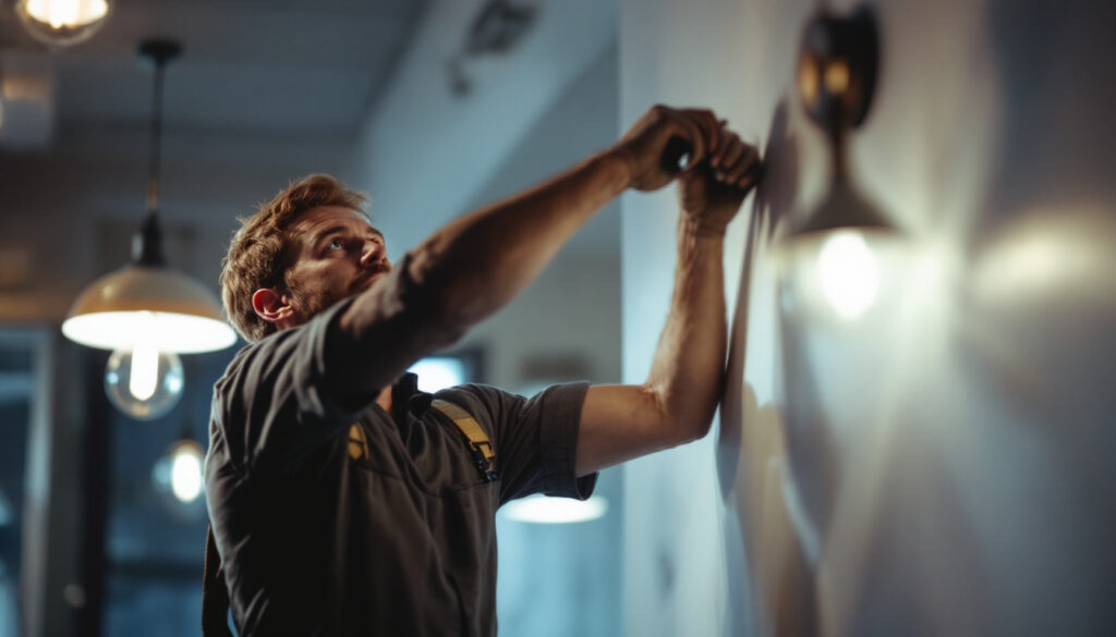 A photograph of a lighting contractor actively installing or adjusting stylish