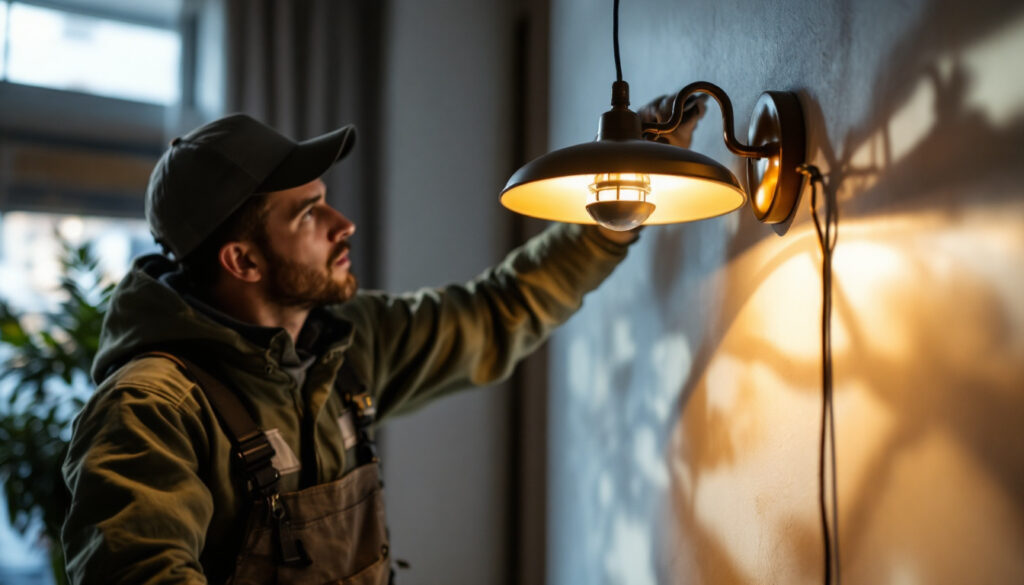 A photograph of a lighting contractor skillfully installing an elegant light fixture in a beautifully designed space