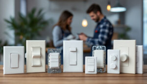 A photograph of a variety of light switches displayed in an aesthetically pleasing arrangement