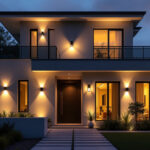 A photograph of a beautifully illuminated exterior wall of a modern house showcasing various styles of external wall lights in an inviting evening setting