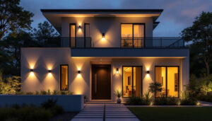 A photograph of a beautifully illuminated exterior wall of a modern house showcasing various styles of external wall lights in an inviting evening setting