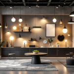A photograph of a modern lighting showroom featuring a diverse array of innovative light fixtures