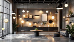 A photograph of a modern lighting showroom featuring a diverse array of innovative light fixtures