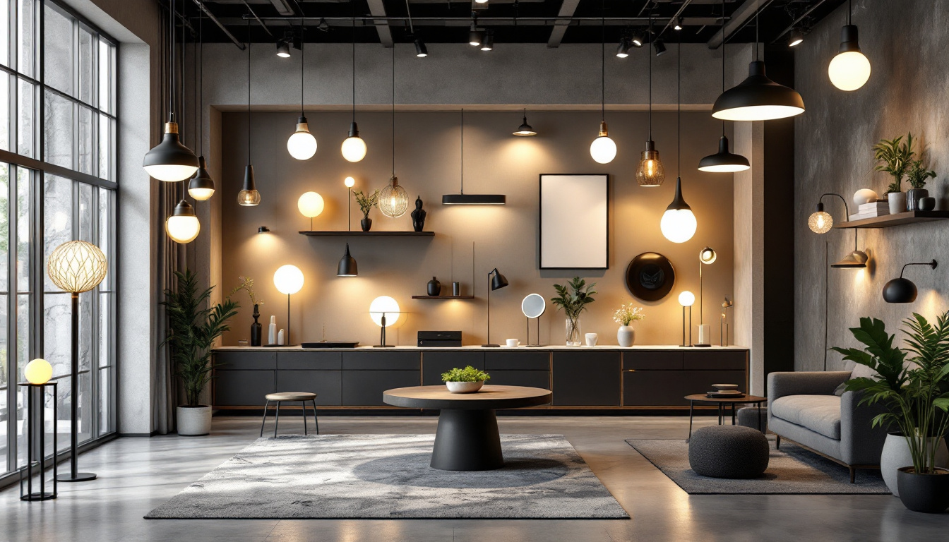 A photograph of a modern lighting showroom featuring a diverse array of innovative light fixtures