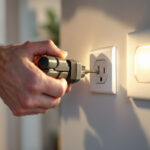 A photograph of a lighting contractor installing an outlet box and cover in a well-lit residential or commercial space