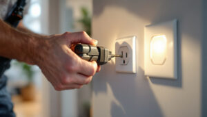 A photograph of a lighting contractor installing an outlet box and cover in a well-lit residential or commercial space