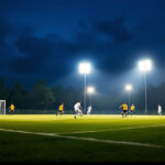 A photograph of a portable soccer field illuminated by high-quality