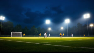 A photograph of a portable soccer field illuminated by high-quality