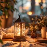 A photograph of a beautifully arranged indoor setting featuring a stylish gas lantern as the focal point