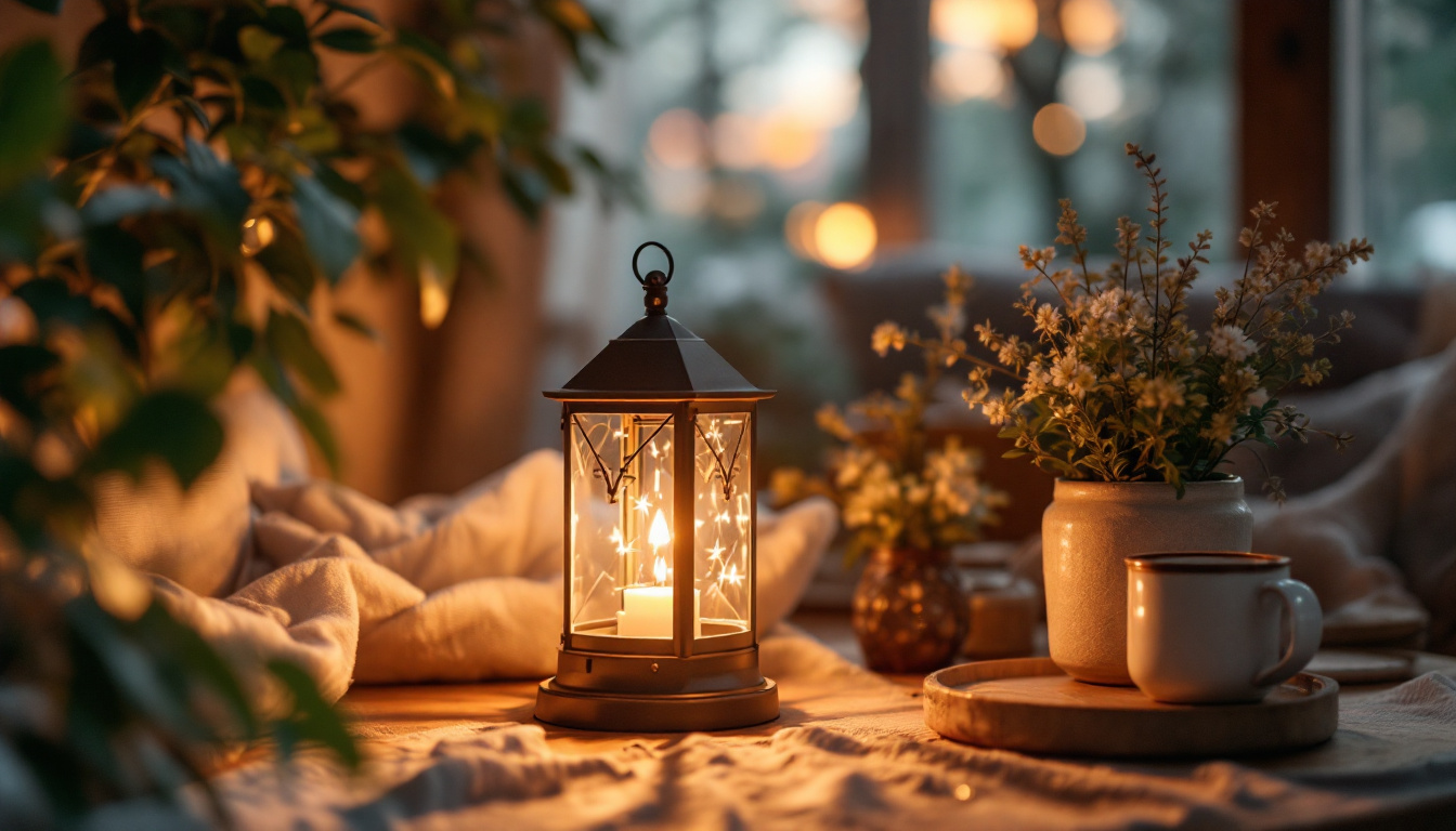 A photograph of a beautifully arranged indoor setting featuring a stylish gas lantern as the focal point