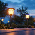 A photograph of a well-lit outdoor space showcasing various solar panel lights in action