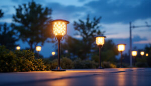 A photograph of a well-lit outdoor space showcasing various solar panel lights in action