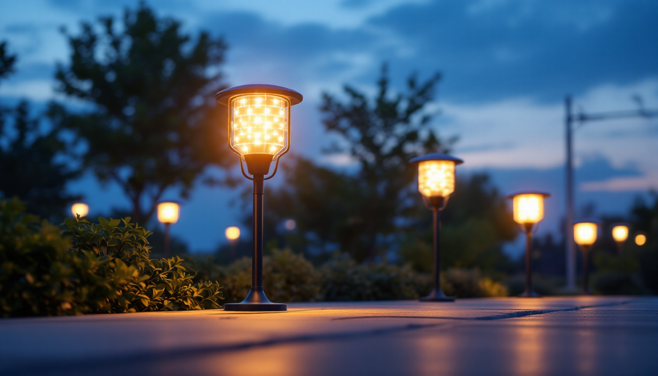 A photograph of a well-lit outdoor space showcasing various solar panel lights in action