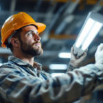A photograph of a lighting contractor efficiently installing t5 bulbs in a commercial setting