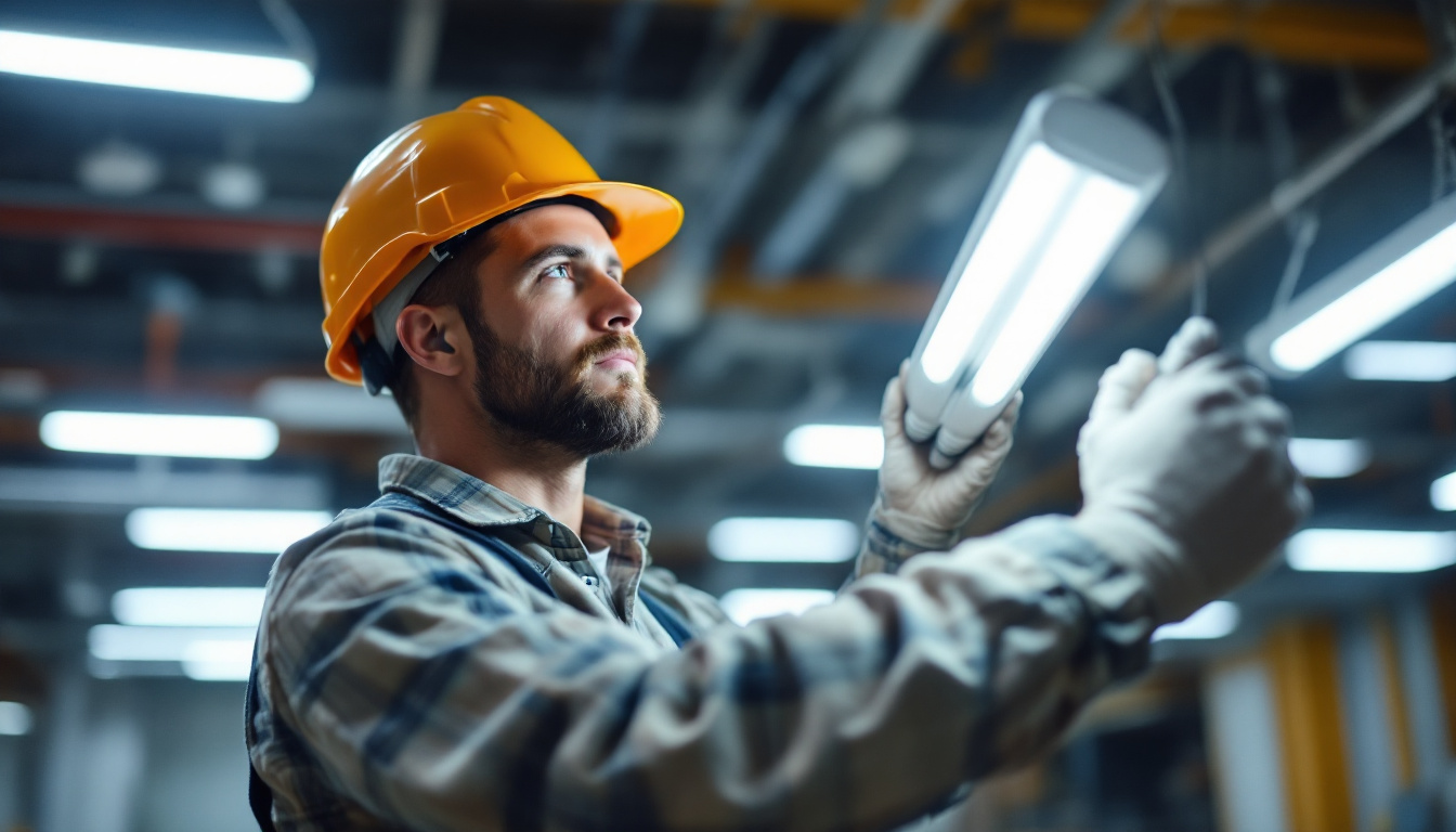 A photograph of a lighting contractor efficiently installing t5 bulbs in a commercial setting