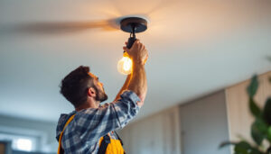 A photograph of a skilled lighting contractor installing a stylish ceiling light fixture in a modern home