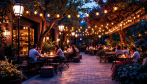 A photograph of a beautifully illuminated outdoor space featuring large outdoor lamps