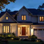A photograph of a well-lit exterior of a house at dusk