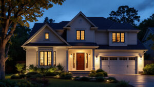 A photograph of a well-lit exterior of a house at dusk