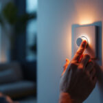 A photograph of a lighting contractor adjusting a modern led dimmer switch in a stylishly lit room