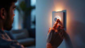 A photograph of a lighting contractor adjusting a modern led dimmer switch in a stylishly lit room