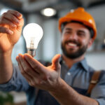 A photograph of a lighting contractor installing or showcasing a type c light bulb in a well-lit