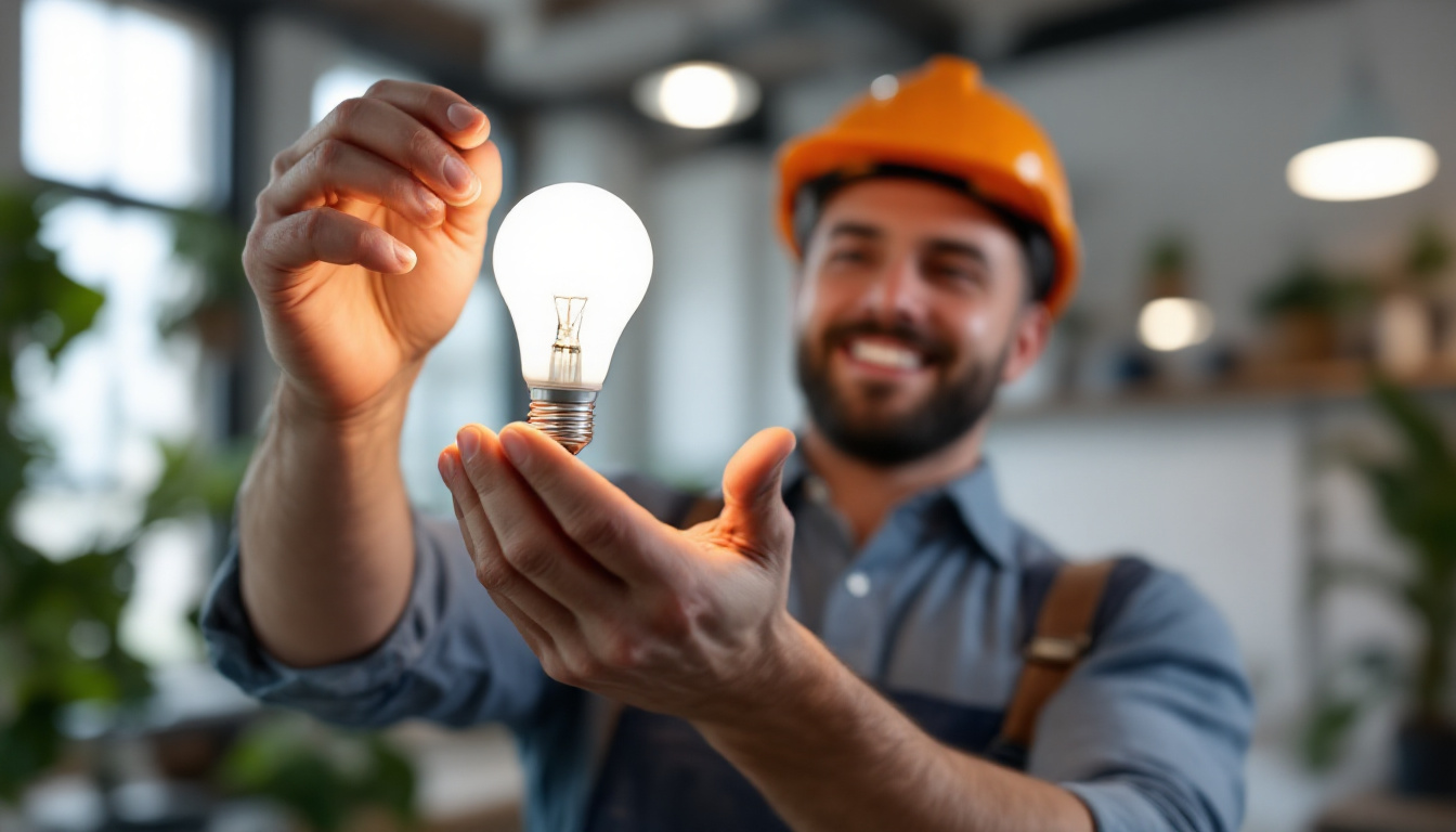 A photograph of a lighting contractor installing or showcasing a type c light bulb in a well-lit