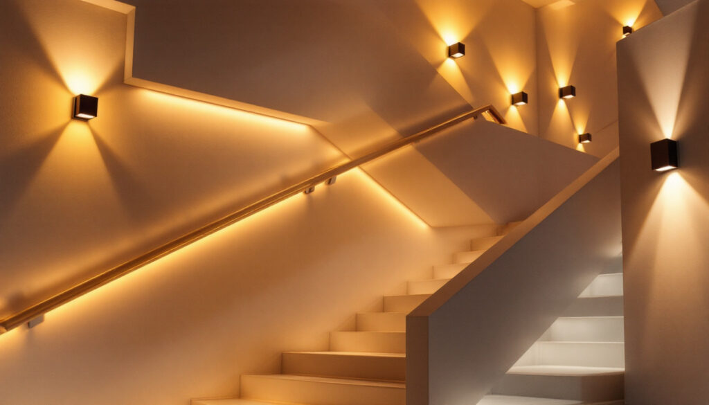 A photograph of a beautifully lit staircase featuring a variety of lighting installations