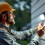 A photograph of a professional lighting contractor installing an electric hard-wired motion-sensing flood light fixture in a residential setting