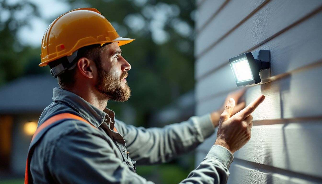 A photograph of a professional lighting contractor installing an electric hard-wired motion-sensing flood light fixture in a residential setting
