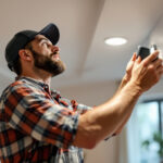 A photograph of a skilled lighting contractor expertly installing canned recessed lighting in a modern home setting