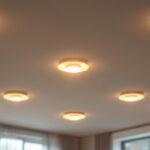 A photograph of a well-designed ceiling featuring multiple recessed light fixtures in a modern interior setting