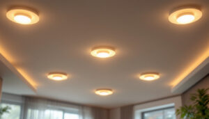 A photograph of a well-designed ceiling featuring multiple recessed light fixtures in a modern interior setting