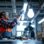 A photograph of a lighting contractor replacing a t12 fluorescent bulb with a modern led bypass bulb in a commercial setting
