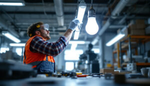 A photograph of a lighting contractor replacing a t12 fluorescent bulb with a modern led bypass bulb in a commercial setting